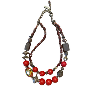Rita D stone, glass beaded two strand necklace red, burgundy, silver toned